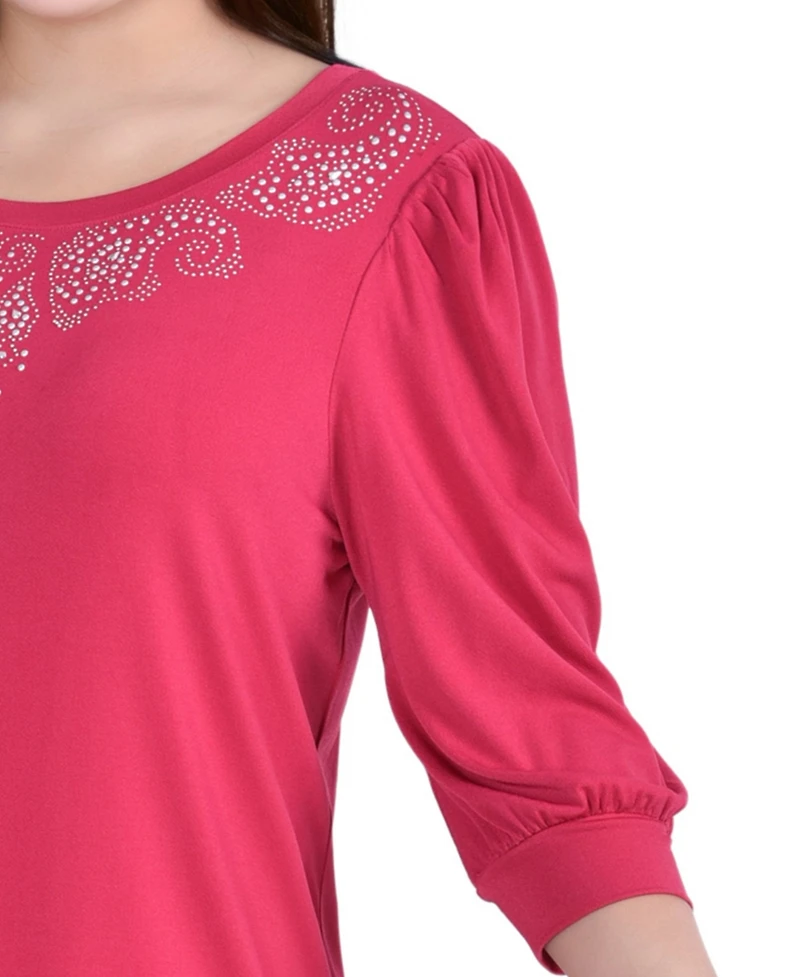 Ny Collection Plus 3/4 Sleeve Stone Detail Top