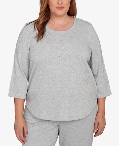 Alfred Dunner Plus Casual Vibe Asymmetrical Floral Embroidered Detail Top