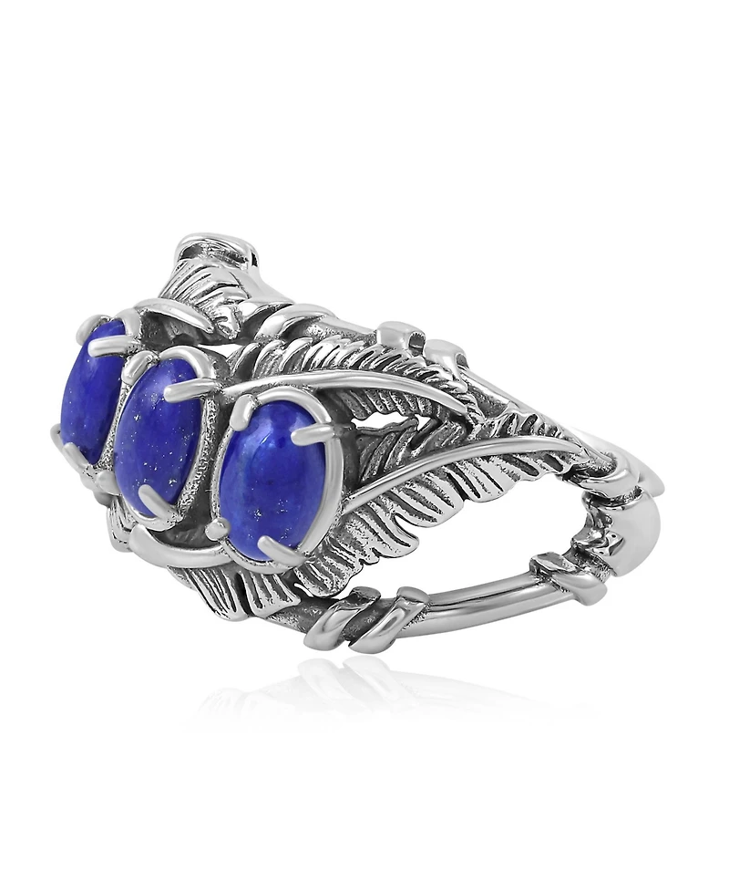 American West Jewelry Sterling Silver Lapis Three Stone Feather Ring, Sizes 5 to 11