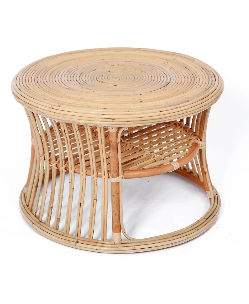 Nordlys - Natural Rattan and Beige Fabric Pouf Exotic Boho Upholstery Living Room