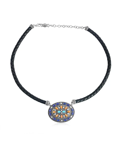 American West Jewelry Sterling Silver Multi-Gemstone Oval Pendant Black Leather Necklace, 17 to 20 Inches