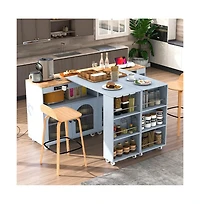 Maison Boucle Rolling Kitchen Island with Extendable Table, Led Lights, Outlet, Fluted Glass Doors & Shelves-Maison