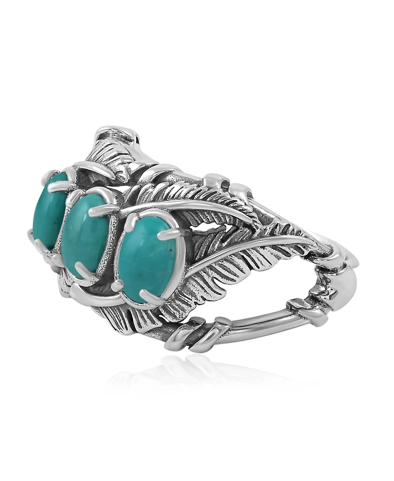 American West Jewelry Sterling Silver Green Turquoise Three Stone Feather Ring, Sizes 5 to 11