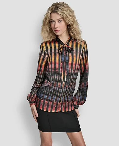 Dkny Women's Printed Neck Tie Long Sleeve Top