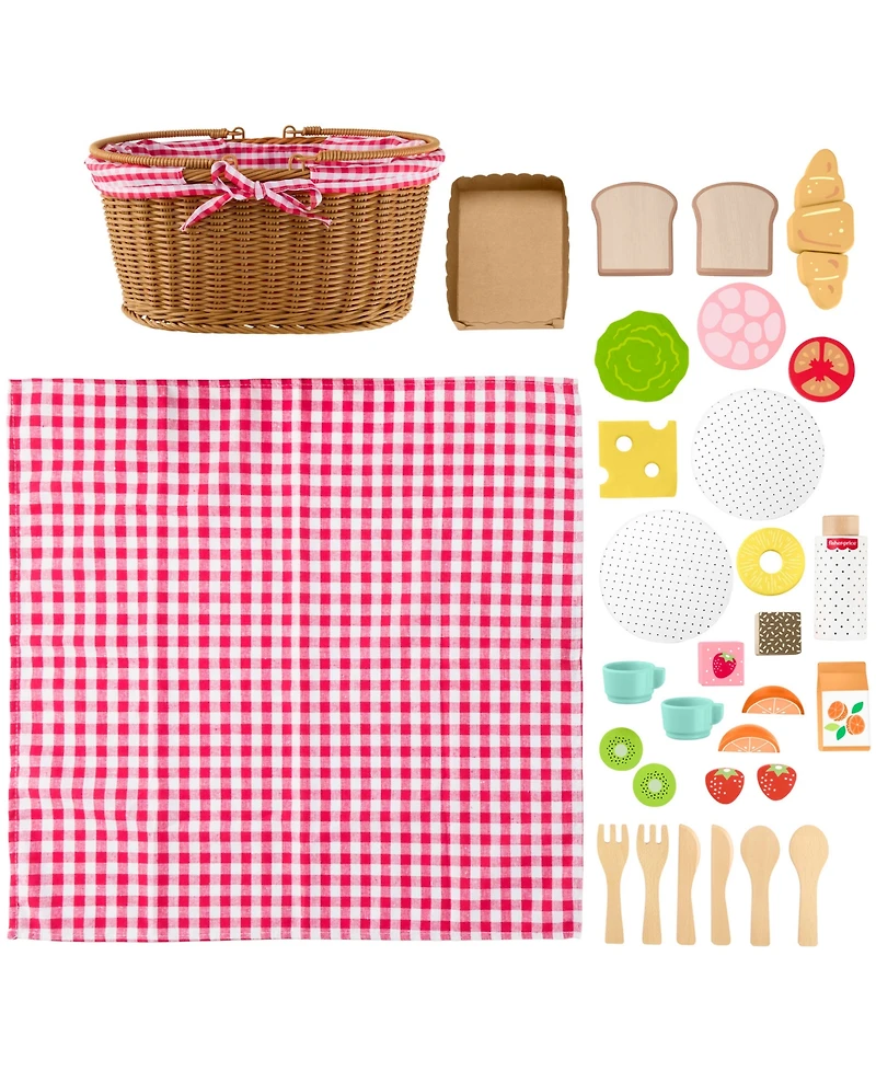 Fisher Price Wooden Picnic Basket and Food Pretend Play Set, 31 Wood Pieces