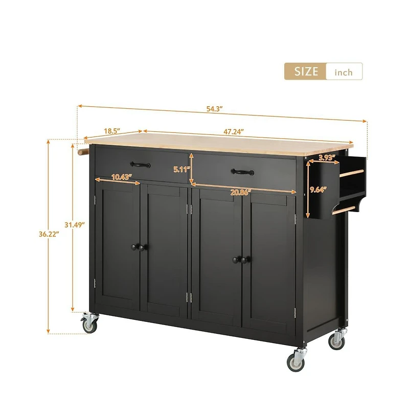 54.3" Kitchen Island Cart, Storage Cabinet with Solid Wood Top, 4-Door Cabinet, 2 Drawers & Locking Wheels-Maison Boucle
