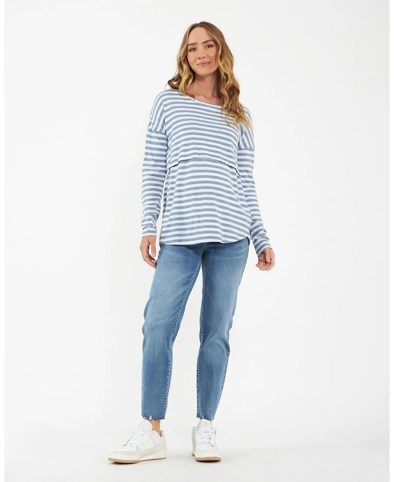 Ripe Maternity Maternity Lionel Long Sleeve Nursing Tee in Petrol and White - Stylish and Comfortable Wear