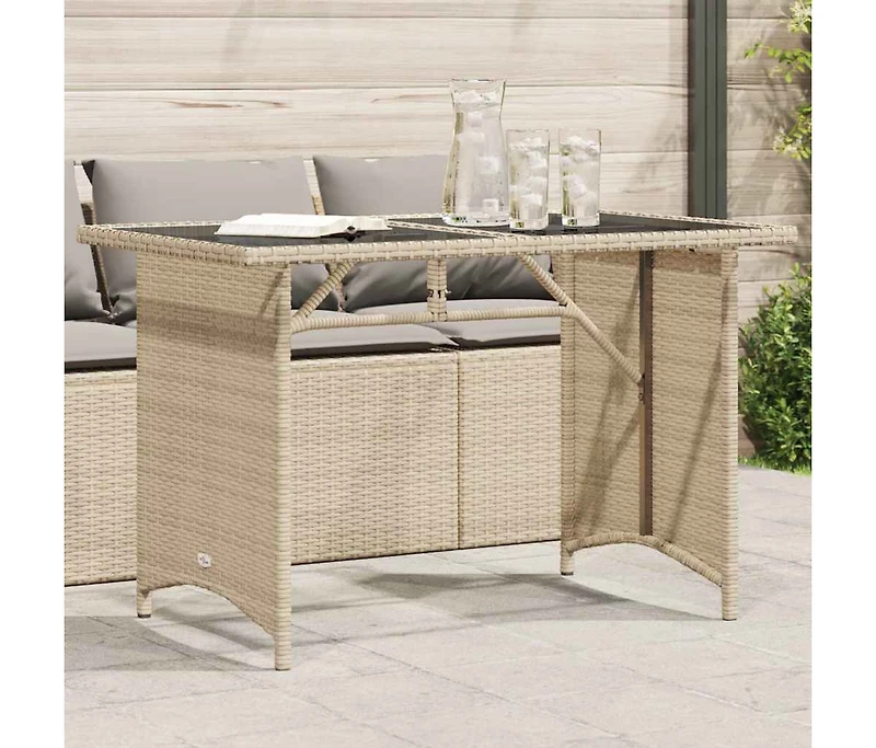 Garden Table Beige Pe rattan, powder-coated steel, tempered glass