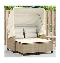 vidaXL Patio Sofa 2-Seater with Canopy and Stools Beige Poly Rattan