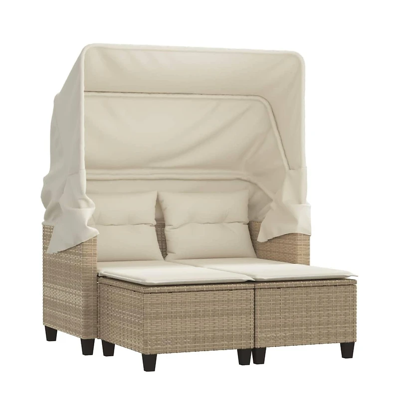 vidaXL Patio Sofa 2-Seater with Canopy and Stools Beige Poly Rattan