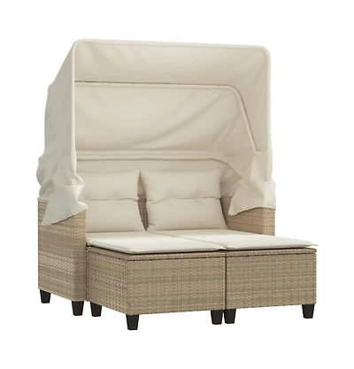 vidaXL Patio Sofa 2-Seater with Canopy and Stools Beige Poly Rattan