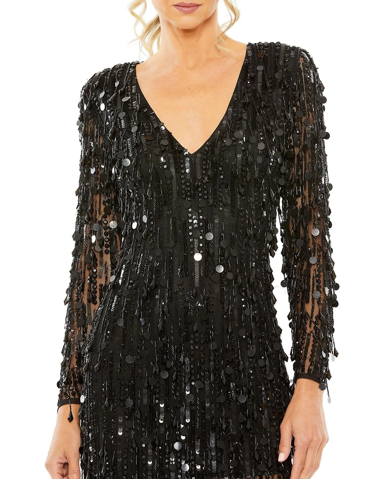Mac Duggal Women's Beaded Fringe Detail Dress with Plunging Neckline and Long Sleeves