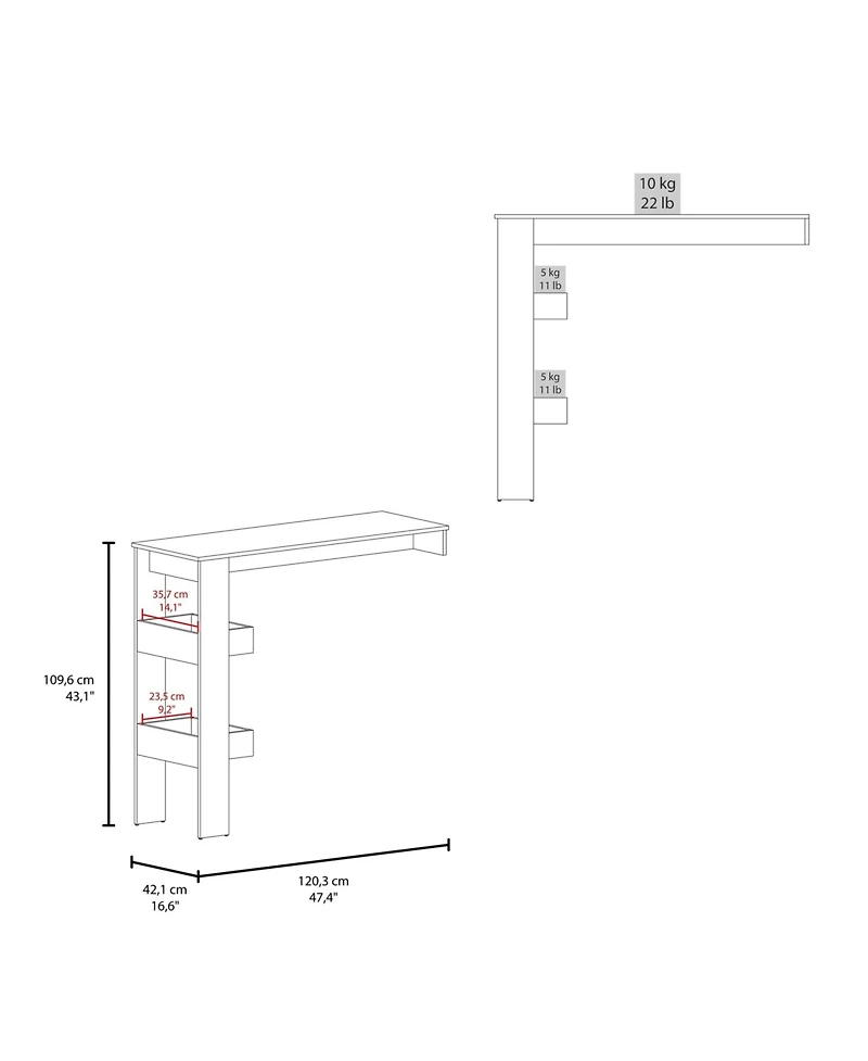 Fm Furniture Drysdale Bar Table, Three Open Side Shelves, Modern Design for Kitchen or Dining Area, White