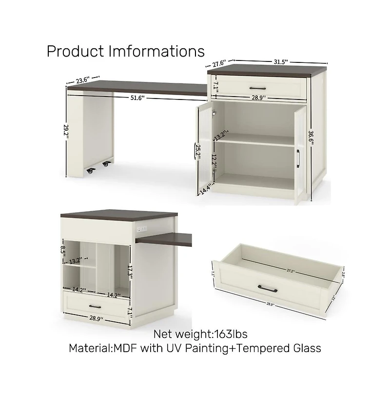 83.1" Extendable Kitchen Island with Pull-Out Table, Power Outlet, Storage Cabinet, Glass Doors & Spice Rack-Maison Boucle