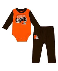 Outerstuff Baby Boys and Girls Brown Cleveland Browns Double Up Long Sleeve Bodysuit Pants Set