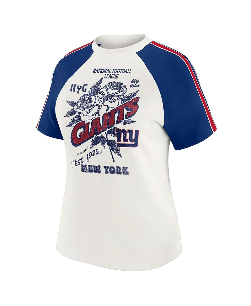 Wear by Erin Andrews Women's White New York Giants Sleeve Stripe Distressed Raglan T-Shirt