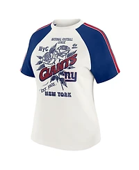 Wear by Erin Andrews Women's White New York Giants Sleeve Stripe Distressed Raglan T-Shirt