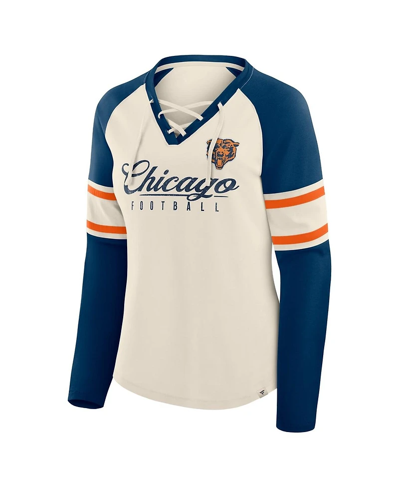 Fanatics Women's Cream/Navy Chicago Bears Hometown Gridiron Hero Raglan Lace-Up V-Neck Long Sleeve T-Shirt