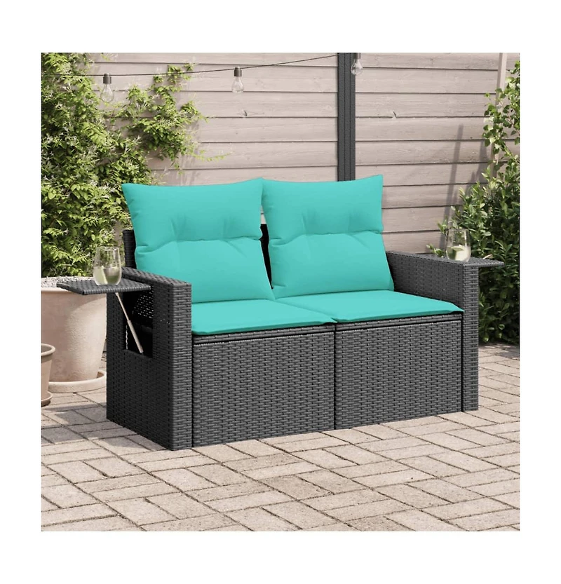 vidaXL Patio Sofa with Cushions 2-Seater Black Poly Rattan