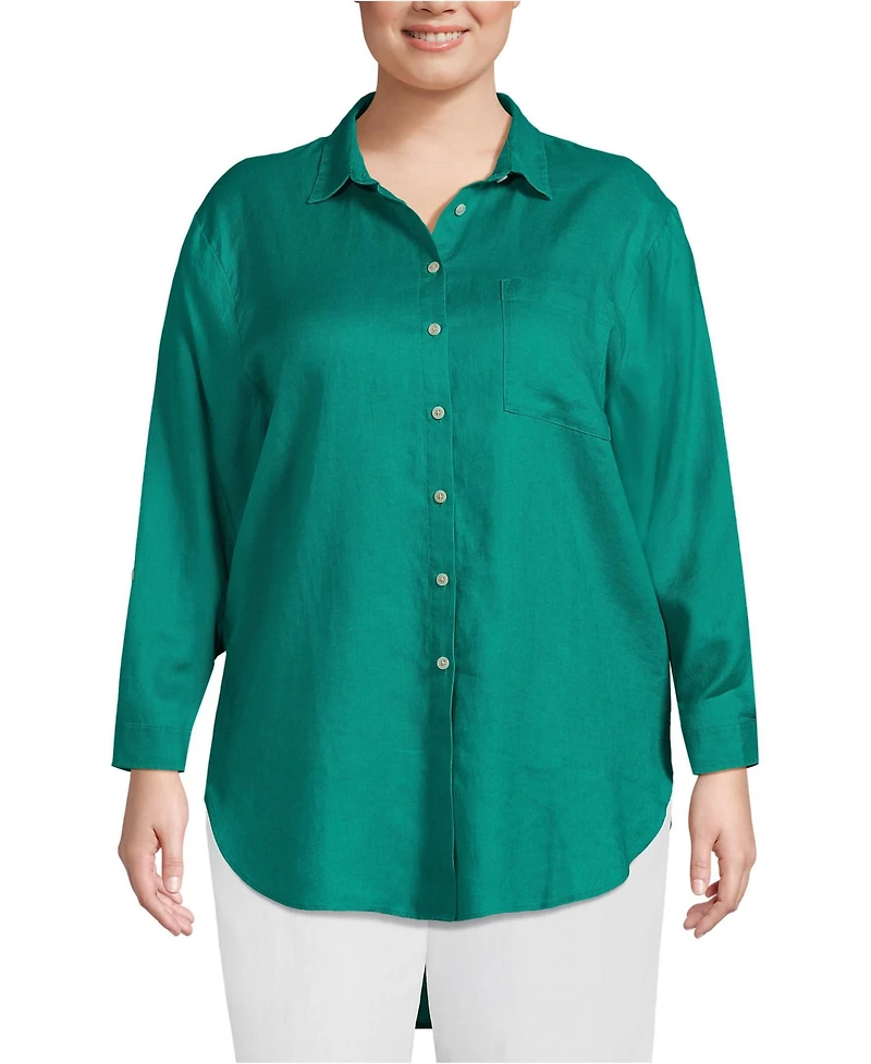Lands' End Women's Plus Linen Roll Sleeve Oversized Relaxed Tunic Top