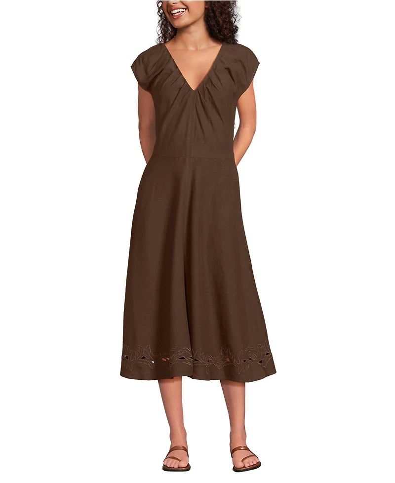 Lands' End Women's Cotton Blend Short Sleeve Midi Dress with Cutwork