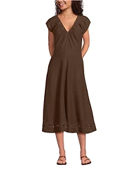 Lands' End Women's Cotton Blend Short Sleeve Midi Dress with Cutwork