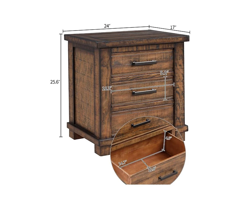 Casainc Rustic Small Cabinet with Three Drawer Reclaimed Solid Wood Farmhouse Nightstand