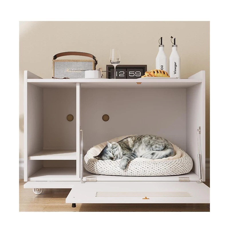 Zeus & Ruta White Hidden Litter Box Cabinet with Storage Bench