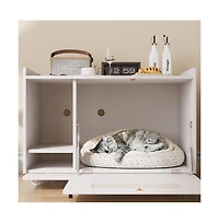 Zeus & Ruta White Hidden Litter Box Cabinet with Storage Bench