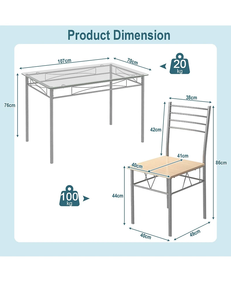 Costway 5 Piece Dining Set Table and 4 Chairs Glass Top Kitchen Breakfast Furniture
