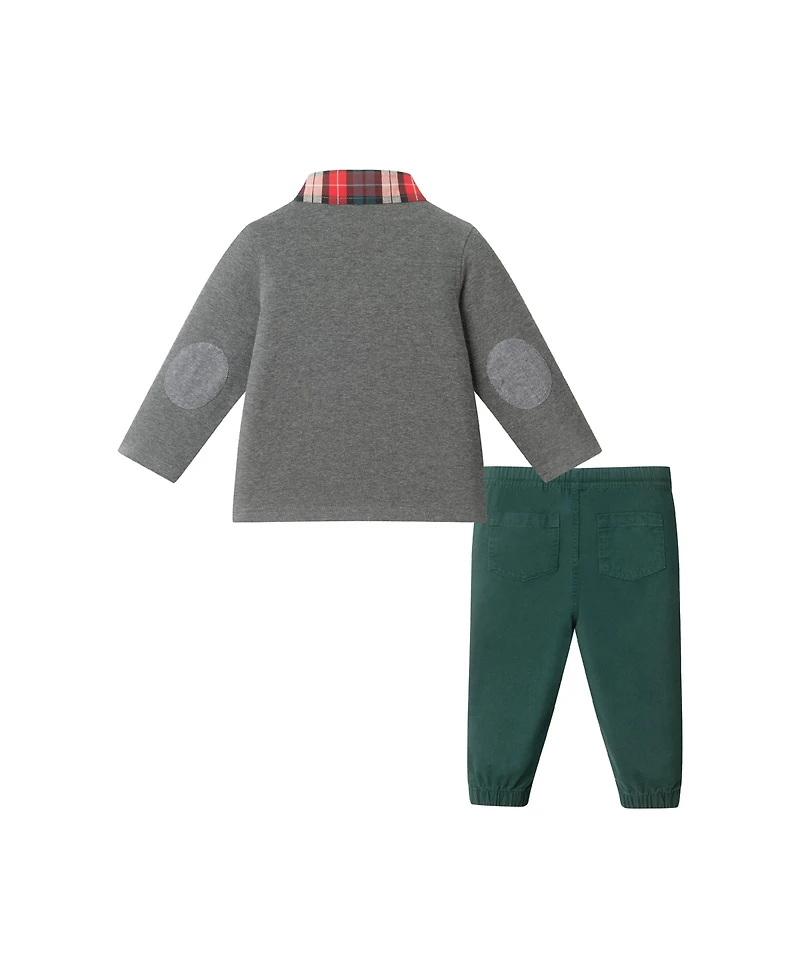 Andy & Evan Baby Boys Grey Polo w/Plaid Collar Twill Pull On Pant