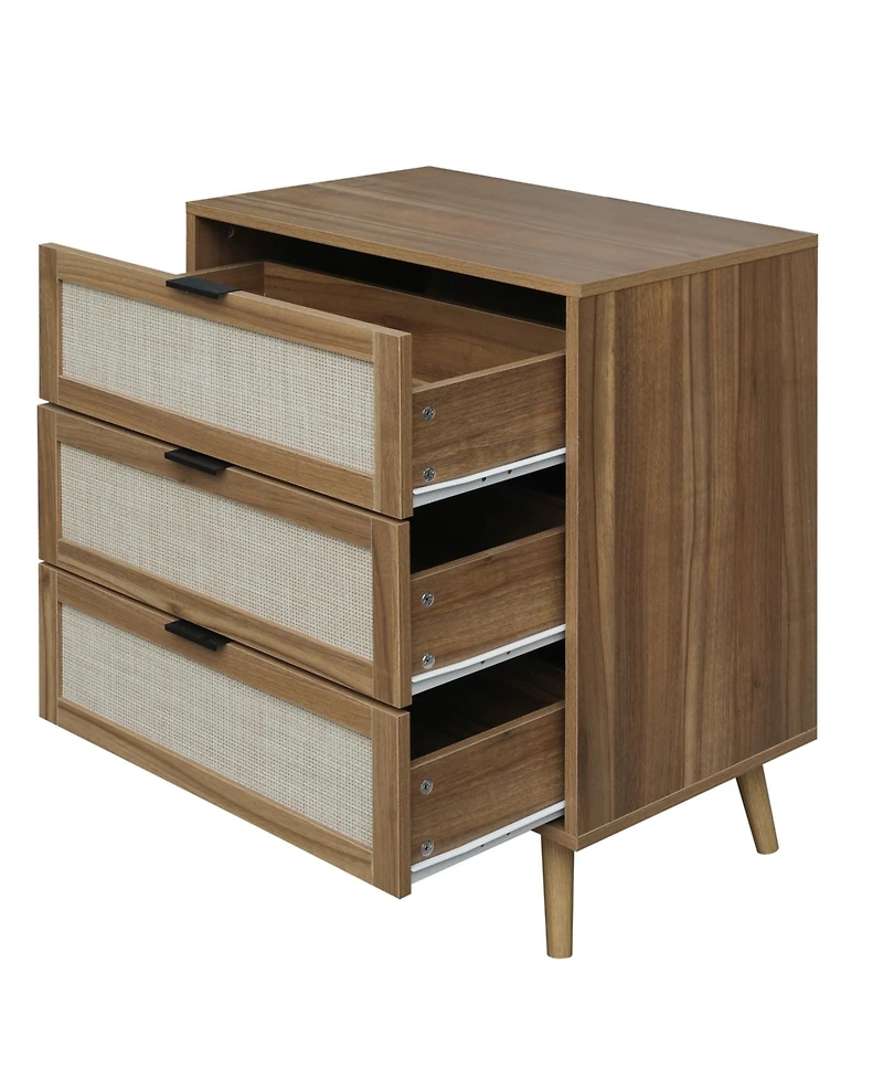 3 Drawer Storage Cabinet Rattan Dressers Chest of Drawers Entryway Cabinet Fluted Nightstand Bedside Table Dresser for Bedroom Living Room, Brown