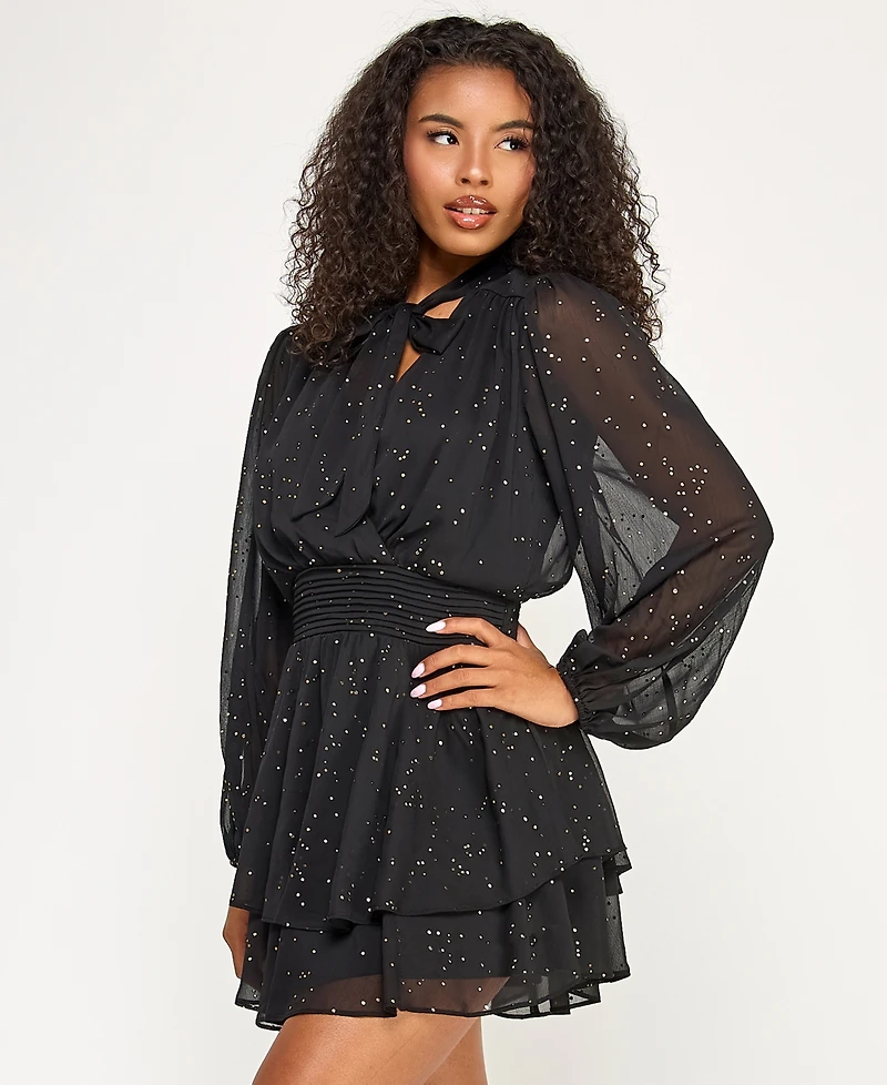 City Studios Juniors' Long Sleeve Foil Dot Tie Dress