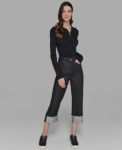 Karl Lagerfeld Paris Petite High-Rise Cuffed-Embellished Jeans