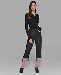 Karl Lagerfeld Paris Petite High-Rise Cuffed-Embellished Jeans