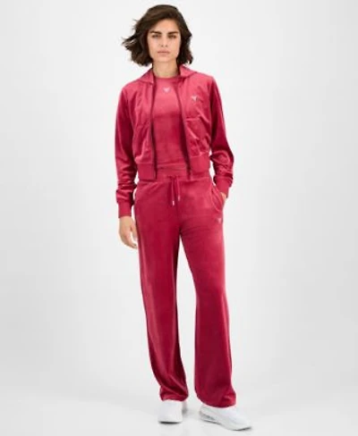 Guess Womens Couture Cropped Velour Hoodie Couture Short Sleeve T Shirt Straight Leg Velour Pants