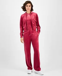 Guess Womens Couture Cropped Velour Hoodie Couture Short Sleeve T Shirt Straight Leg Velour Pants