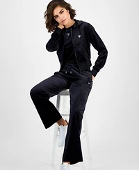 Guess Womens Couture Cropped Velour Hoodie Short Sleeve T Shirt Couture Straight Leg Velour Pants
