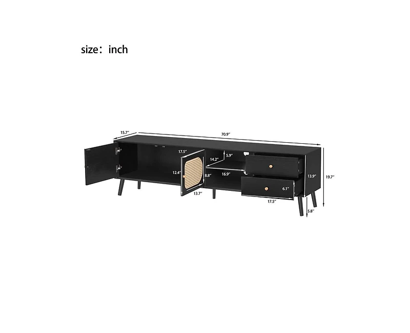 Casainc 70" Tv Stand for TVs up to 80 Inches with Rattan Doors, 2 Drawers and Open Shelf