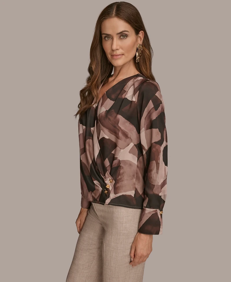 Donna Karan New York Petite Printed Satin Long Sleeve Wrap Top