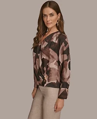 Donna Karan New York Petite Printed Satin Long Sleeve Wrap Top
