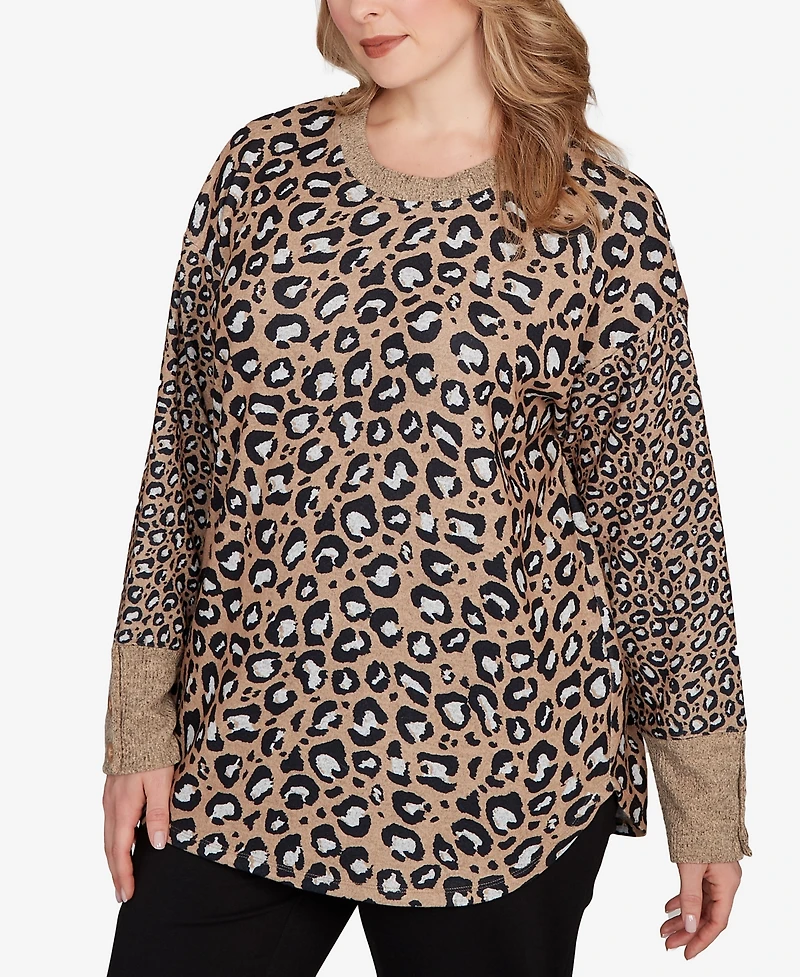 Ruby Rd. Plus Sweater Trimmed Cozy Animal Print Top