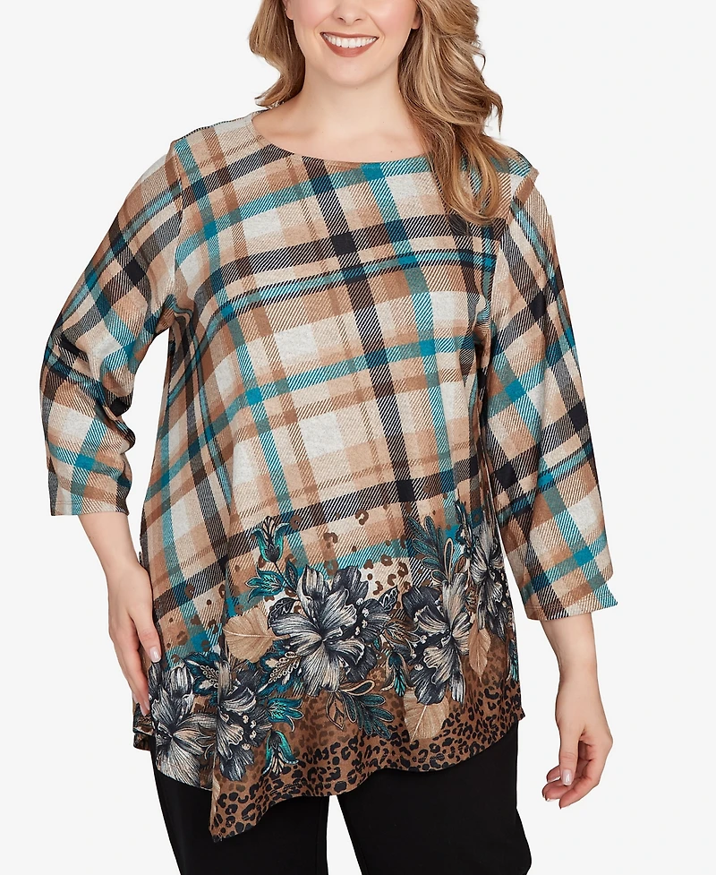 Ruby Rd. Plus Floral Plaid Cozy Ballet Neck Top
