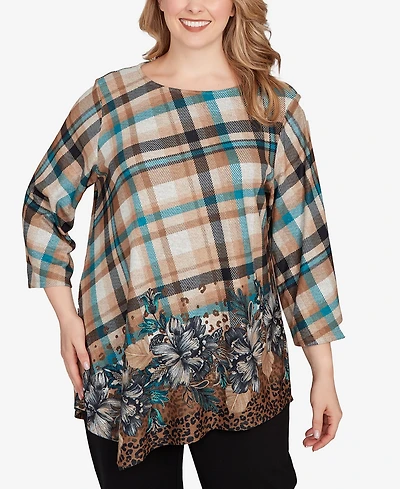 Ruby Rd. Plus Floral Plaid Cozy Ballet Neck Top