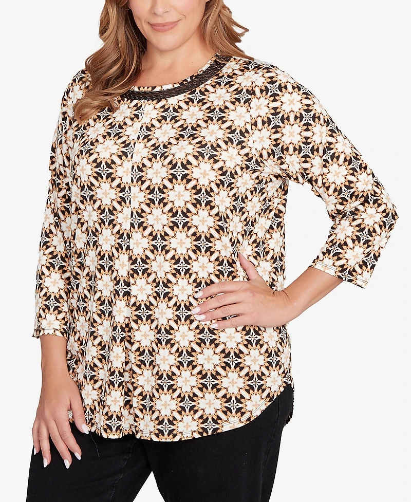 Ruby Rd. Plus Mesh Textured Geo Puff Print Top