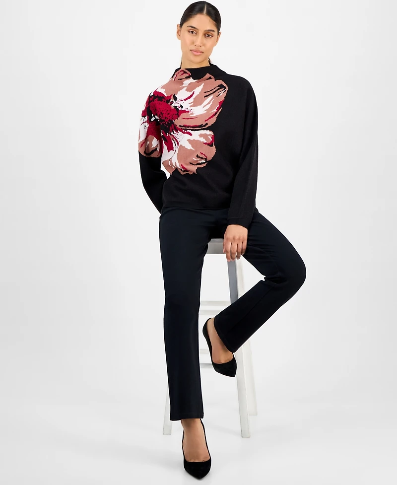 T Tahari Women's Floral Funnel-Neck Long-Sleeve Sweater