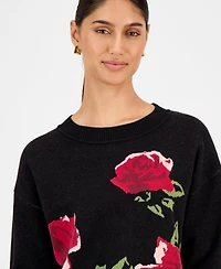 T Tahari Women's Rose-Print Crewneck Sweater