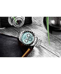 Stuhrling 3960 Men's Chronograph Watch Quartz Japan VR32 Ice Blue Dial Black Tachymeter Bezel Silver Tone Case Stainless Steel Bracelet Date Window