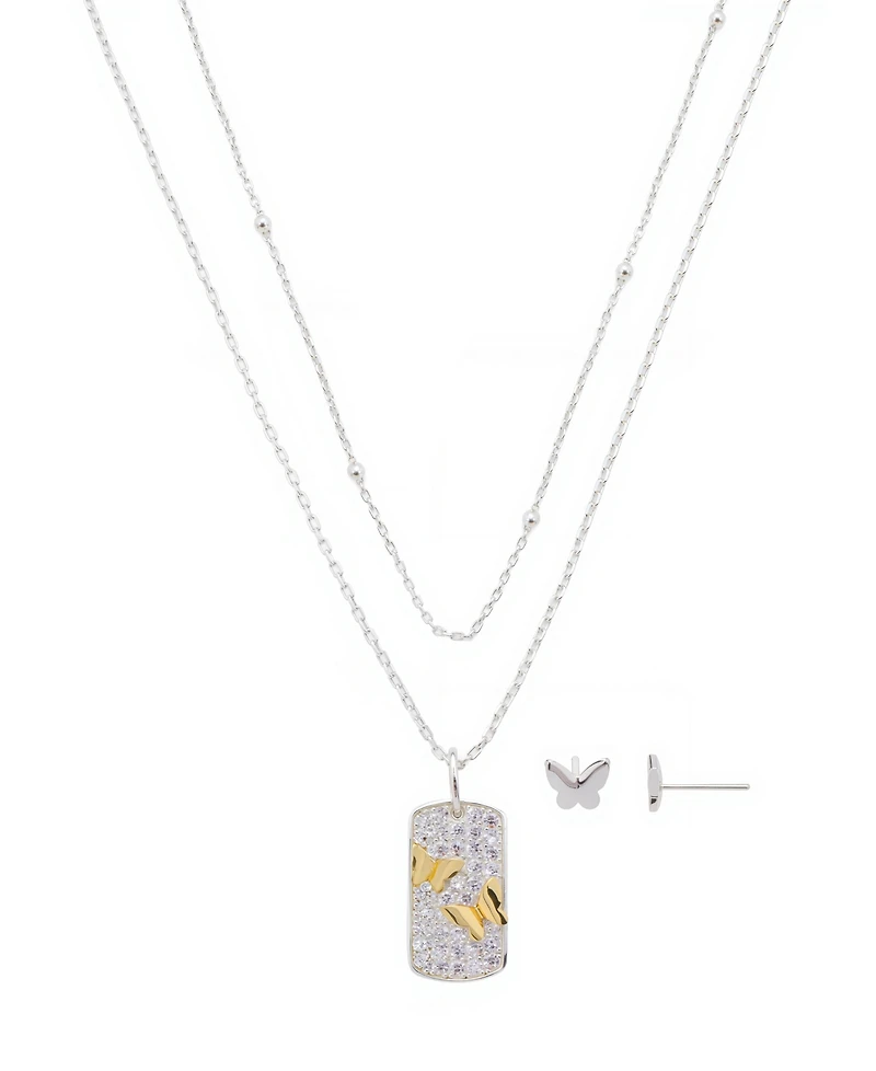 Unwritten Cubic Zirconia Butterfly Tag Pendant Layered Necklace and Earring Set