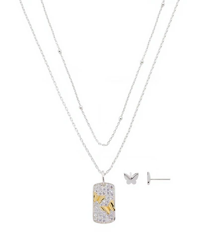 Unwritten Cubic Zirconia Butterfly Tag Pendant Layered Necklace and Earring Set